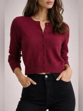 Aritzia TNA Cropped Burgundy Button Cardigan Wool Blend Quiet Luxury Size M